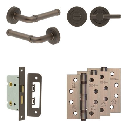 Complete Midtown Door Handle Pack - Bathroom Lock (Knurled Thumb Turn) - Dark Bronze - 65mm / 4-inch Hinges - JE-G5A1-DB