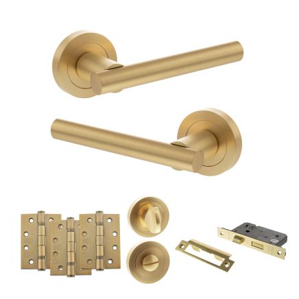 STATUS Nebraska Door Handle Pack (Bathroom Set - 3" CE Bathroom Lock, 4" Fire Rated Hinges x3) - Satin Brass