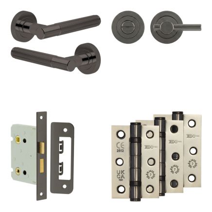 Complete Venice Door Handle Pack - Bathroom Lock (Plain Thumb Turn) - Black Nickel - 76mm / 3-inch Hinges - JE-F6B2-BN
