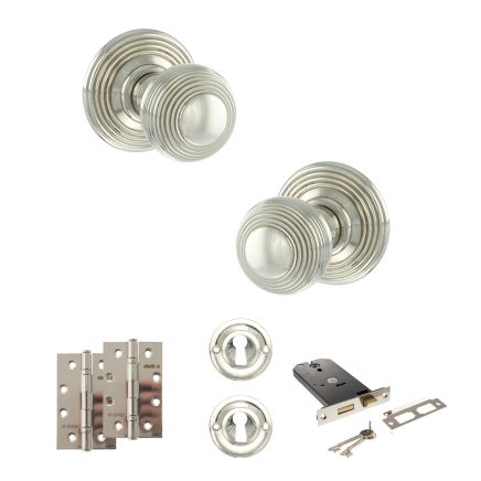 Old English Ripon Door Knob Pack (Lock Set - Horizontal Sashlock, 4" Slim Knuckle Hinges x2) - Polished Nickel