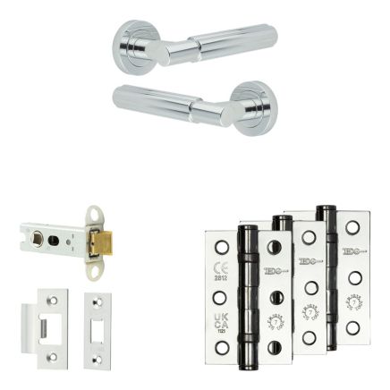 Complete Bloom Door Handle Pack - Heavy Duty Latch - Polished Chrome - 76mm / 3-inch Hinges - JE-B21B-PC