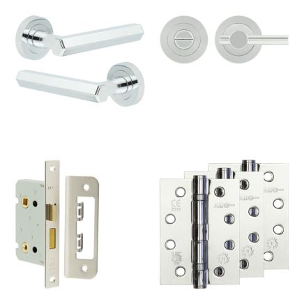 Complete Hex Door Handle Pack - Bathroom Lock (Plain Thumb Turn) - Polished Chrome - 65mm / 4-inch Hinges - JE-C5A2-PC