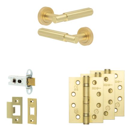 Complete Bloom Door Handle Pack - Heavy Duty Latch - Satin Brass - 64mm / 4-inch Hinges - JE-B20A-SB