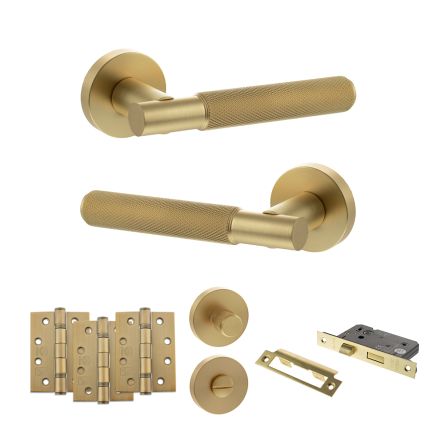 Senza Pari Rosarno Door Handle Pack (Bathroom Set - 3" CE Bathroom Lock, 4" Fire Rated Hinges x3) - Satin Brass