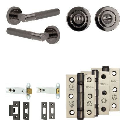 Complete Bari Door Handle Pack - Heavy Duty Tubular Bathroom (Standard Thumb Turn) - Black Nickel - 102mm / 3-inch Hinges - JE-D32B3-BN