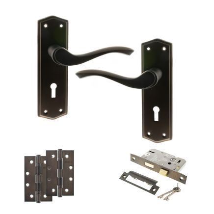 Old English Warwick Door Handle Pack (3 Lever Lock Set - 2.5" CE Sashlock, 4" Slim Knuckle Hinges x2) - Urban Dark Bronze
