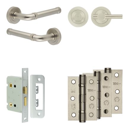 Complete Midtown Door Handle Pack - Bathroom Lock (Knurled Thumb Turn) - Satin Nickel - 76mm / 3-inch Hinges - JE-G6B1-SN