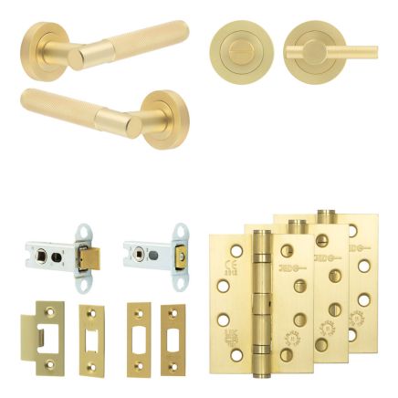 Complete Bari Door Handle Pack - Heavy Duty Tubular Bathroom (Knurled Thumb Turn) - Satin Brass - 64mm / 4-inch Hinges - JE-D30A1-SB