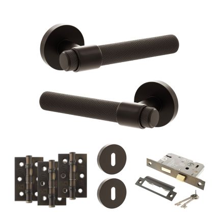 Senza Pari Andretta Door Handle Pack (3 Lever Lock Set - 3" CE Sashlock, 3" Fire Rated Hinges x3) - Urban Dark Bronze