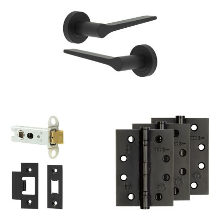 Complete Gio Door Handle Pack - Heavy Duty Latch - Matt Black - 76mm / 4-inch Hinges - JE-E21A-MB