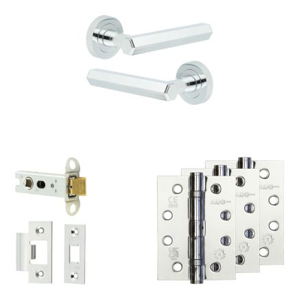 Complete Hex Door Handle Pack - Heavy Duty Latch - Polished Chrome - 76mm / 4-inch Hinges - JE-C21A-PC