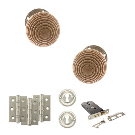 Old English Bridlington Door Knob Pack (Lock Set - Horizontal Sashlock, 3" Fire Rated Hinges x3) - Satin Nickel