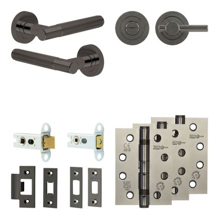 Complete Venice Door Handle Pack - Heavy Duty Tubular Bathroom (Plain Thumb Turn) - Black Nickel - 76mm / 4-inch Hinges - JE-F31A2-BN