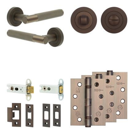 Complete Bari Door Handle Pack - Heavy Duty Tubular Bathroom (Standard Thumb Turn) - Dark Bronze - 76mm / 4-inch Hinges - JE-D31A3-DB