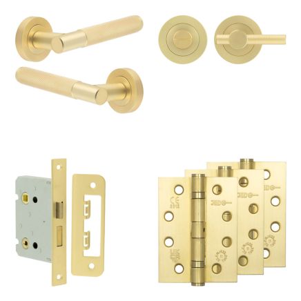 Complete Bari Door Handle Pack - Bathroom Lock (Knurled Thumb Turn) - Satin Brass - 76mm / 4-inch Hinges - JE-D6A1-SB