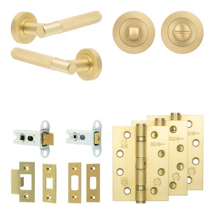 Complete Bari Door Handle Pack - Heavy Duty Tubular Bathroom (Standard Thumb Turn) - Satin Brass - 64mm / 4-inch Hinges - JE-D30A3-SB