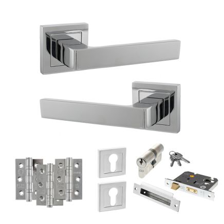 STATUS Montana Door Handle Pack (Euro Lock Set - 2.5" CE Sashlock, 3" Fire Rated Hinges x3) - Polished Chrome