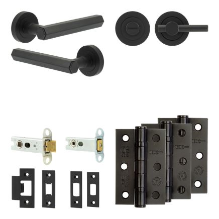 Complete Hex Door Handle Pack - Heavy Duty Tubular Bathroom (Plain Thumb Turn) - Matt Black - 76mm / 3-inch Hinges - JE-C31B2-MB