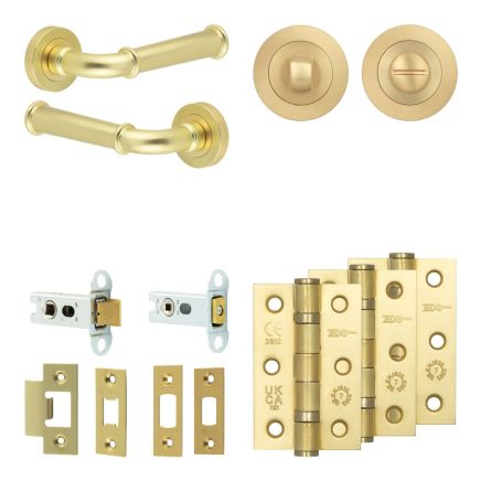 Complete Classic Door Handle Pack - Heavy Duty Tubular Bathroom (Standard Thumb Turn) - Satin Brass - 64mm / 3-inch Hinges - JE-A30B3-SB