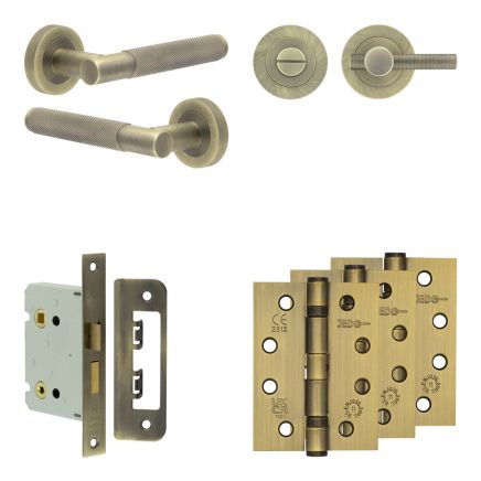 Complete Bari Door Handle Pack - Bathroom Lock (Knurled Thumb Turn) - Antique Brass - 76mm / 4-inch Hinges - JE-D6A1-AB