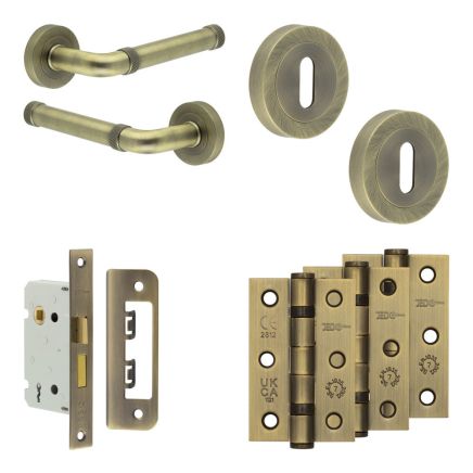 Complete Midtown Door Handle Pack - Sashlock - Antique Brass - 65mm / 3-inch Hinges - JE-G7B8-AB