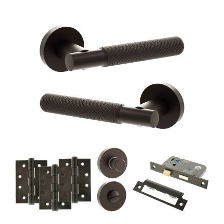 Senza Pari Rosarno Door Handle Pack (Bathroom Set - 2.5" CE Bathroom Lock, 4" Fire Rated Hinges x3) - Urban Dark Bronze