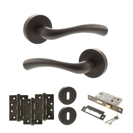 STATUS Texas Door Handle Pack (3 Lever Lock Set - 2.5" CE Sashlock, 4" Fire Rated Hinges x3) - Urban Dark Bronze