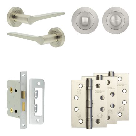 Complete Gio Door Handle Pack - Bathroom Lock (Standard Thumb Turn) - Satin Nickel - 65mm / 4-inch Hinges - JE-E5A3-SN