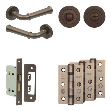 Complete Classic Door Handle Pack - Bathroom Lock (Standard Thumb Turn) - Dark Bronze - 65mm / 3-inch Hinges - JE-A5B3-DB