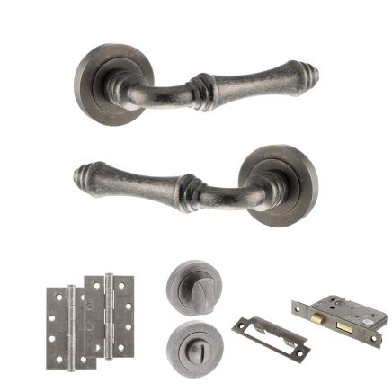 Old English Durham Door Handle Pack (Bathroom Set - 3" CE Bathroom Lock, 4" Slim Knuckle Hinges x2) - Distressed Silver
