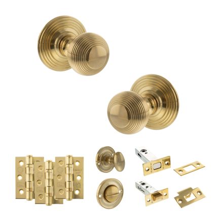 Old English Ripon Door Knob Pack (Bathroom Set - 4" Deadbolt, 3" Fire Rated Hinges x3) - Raw Brass