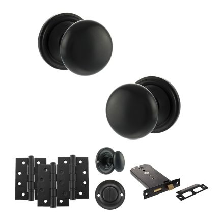 Old English Harrogate Door Knob Pack (Lock Set - Horizontal Bathlock, 4" Fire Rated Hinges x3) - Matt Black
