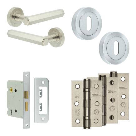 Complete Hex Door Handle Pack - Sashlock - Satin Nickel - 76mm / 3-inch Hinges - JE-C8B8-SN