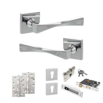 Senza Pari Guido Door Handle Pack (Euro Lock Set - 2.5" CE Sashlock, 4" Slim Knuckle Hinges x2) - Polished Chrome