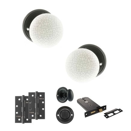 Old English Skipton Door Knob Pack (Lock Set - Horizontal Bathlock, 4" Slim Knuckle Hinges x2) - Matt Black