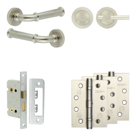 Complete Classic Door Handle Pack - Bathroom Lock (Plain Thumb Turn) - Satin Nickel - 65mm / 4-inch Hinges - JE-A5A2-SN