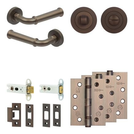 Complete Classic Door Handle Pack - Heavy Duty Tubular Bathroom (Standard Thumb Turn) - Dark Bronze - 76mm / 4-inch Hinges - JE-A31A3-DB