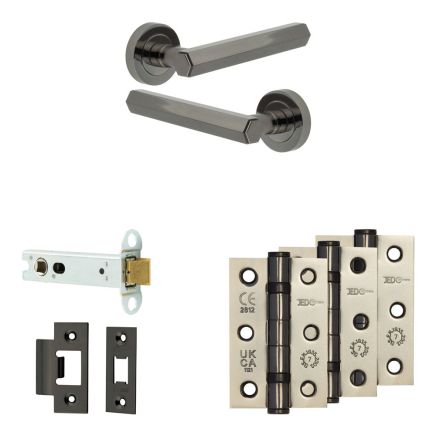 Complete Hex Door Handle Pack - Heavy Duty Latch - Black Nickel - 102mm / 3-inch Hinges - JE-C22B-BN
