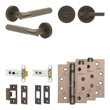 Complete Bari Door Handle Pack - Heavy Duty Tubular Bathroom (Knurled Thumb Turn) - Dark Bronze - 76mm / 4-inch Hinges - JE-D31A1-DB