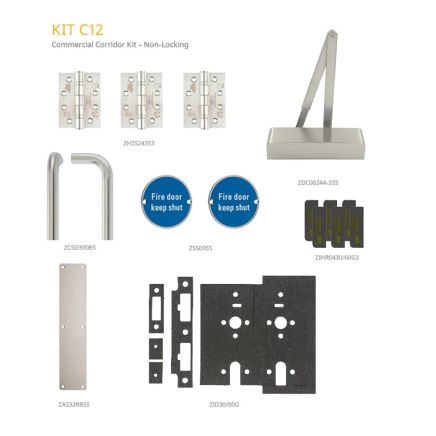 Zoo Hardware Fire Door Pack - FDP-C12-30/60 - Corridor - Non Locking - Commercial Version - Inc ZDC0024A-SSS - Stainless Steel