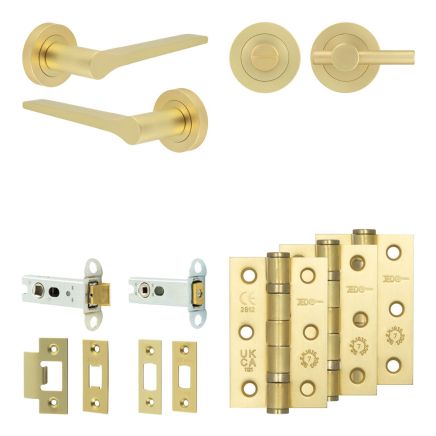 Complete Gio Door Handle Pack - Heavy Duty Tubular Bathroom (Plain Thumb Turn) - Satin Brass - 76mm / 3-inch Hinges - JE-E31B2-SB