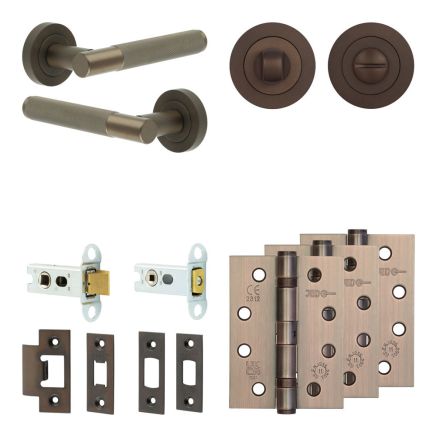Complete Bari Door Handle Pack - Heavy Duty Tubular Bathroom (Standard Thumb Turn) - Dark Bronze - 64mm / 4-inch Hinges - JE-D30A3-DB