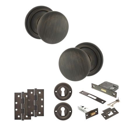 Old English Harrogate Door Knob Pack (Lock Set - 3" Latch & Deadlock, 4" Slim Knuckle Hinges x2) - Urban Bronze