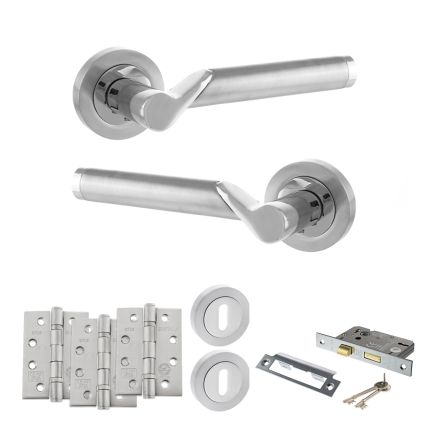 STATUS Hawaii Door Handle Pack (3 Lever Lock Set - 2.5" CE Sashlock, 4" Fire Rated Hinges x3) - Satin Chrome/Polished Chrome