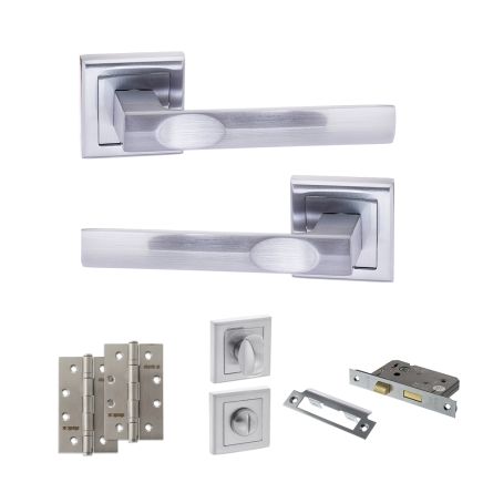 STATUS Kansas Door Handle Pack (Bathroom Set - 3" CE Bathroom Lock, 4" Slim Knuckle Hinges x2) - Satin Chrome