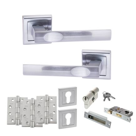 STATUS Kansas Door Handle Pack (Euro Lock Set - 2.5" CE Sashlock, 4" Fire Rated Hinges x3) - Satin Chrome