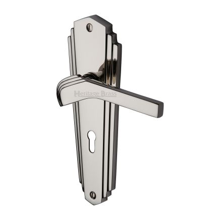 Heritage Brass Door Handle Lever Lock Waldorf Design Polished Nickel finish