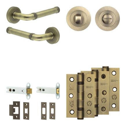 Complete Midtown Door Handle Pack - Heavy Duty Tubular Bathroom (Standard Thumb Turn) - Antique Brass - 102mm / 3-inch Hinges - JE-G32B3-AB
