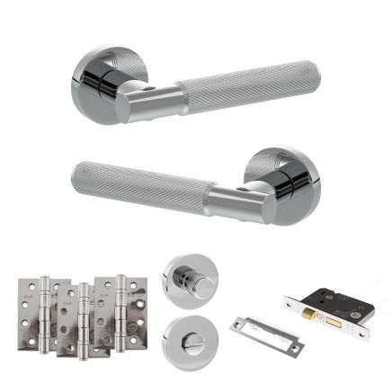 Senza Pari Rosarno Door Handle Pack (Bathroom Set - 3" CE Bathroom Lock, 4" Fire Rated Hinges x3) - Polished Chrome