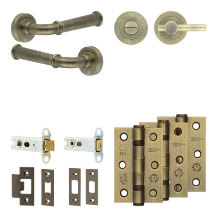 Complete Classic Door Handle Pack - Heavy Duty Tubular Bathroom (Plain Thumb Turn) - Antique Brass - 76mm / 3-inch Hinges - JE-A31B2-AB
